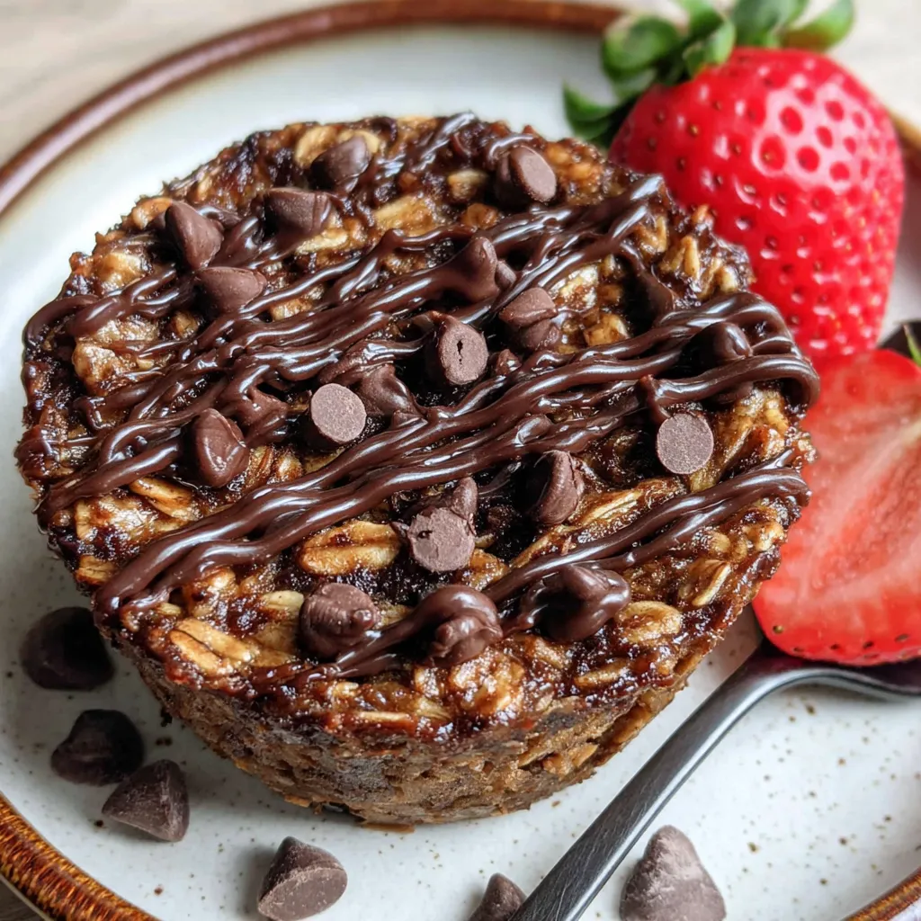 A close up of a fudgy chocolate baked oats dessert.