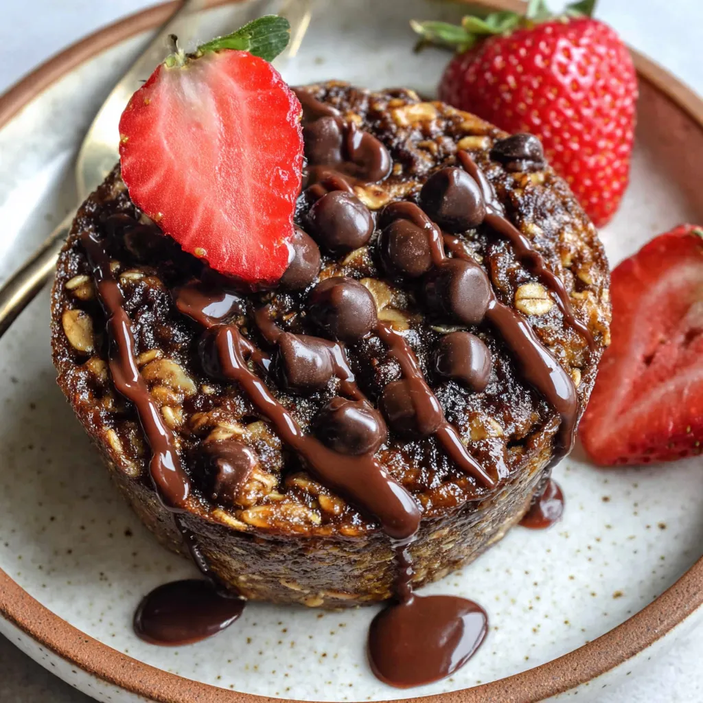 A chocolate baked oats dessert with a strawberry on top.