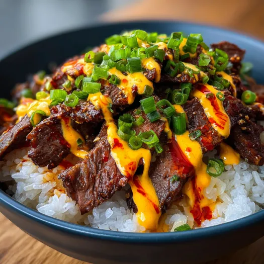 A bowl of Korean BBQ steak rice bowls with spicy cream drizzle.