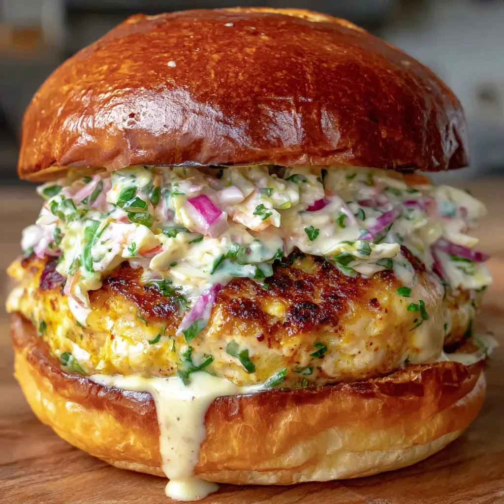 A close up of a burger with chicken and spinach.