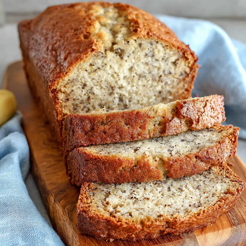 A slice of banana bread on a wooden cutting board.