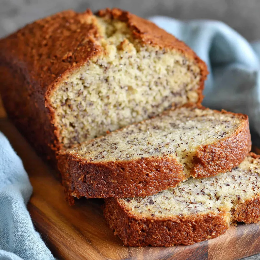 A slice of banana bread on a wooden cutting board.
