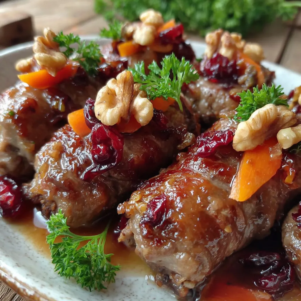 A plate of ginger-carrot beef rolls with cranberries and walnuts.