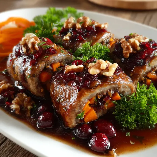 A plate of food with a ginger-carrot beef roll and cranberries and walnuts.