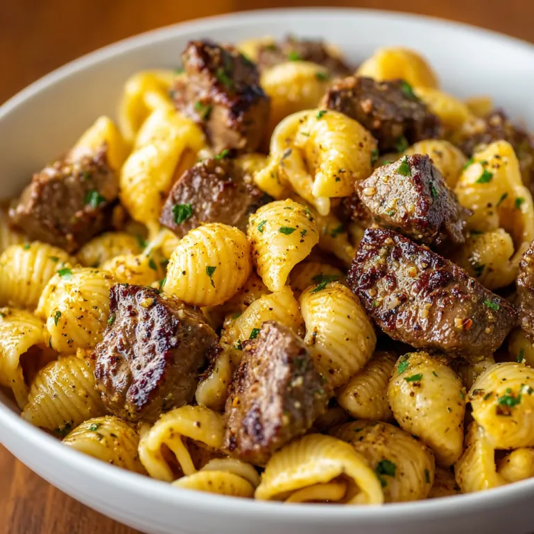 A bowl of Cajun steak bites and cheesy garlic shells skillet.