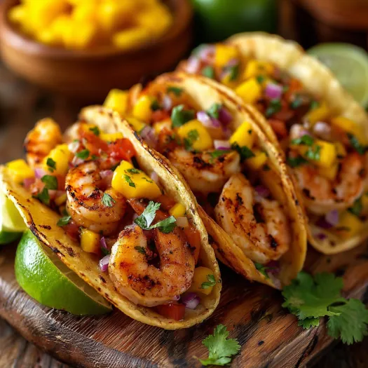 Two spicy shrimp tacos with mango salsa.