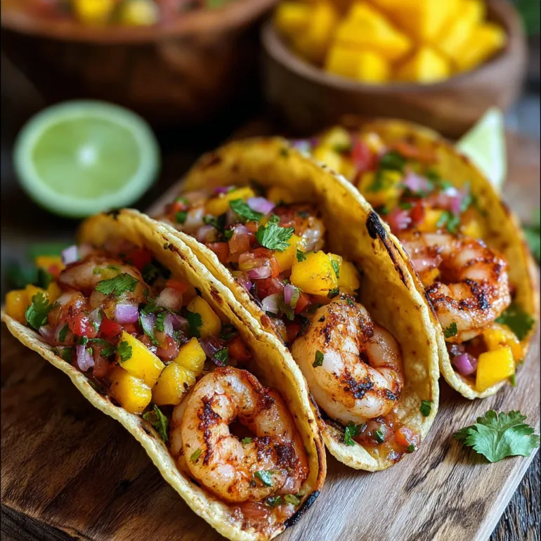 Two tacos with shrimp and mango salsa.