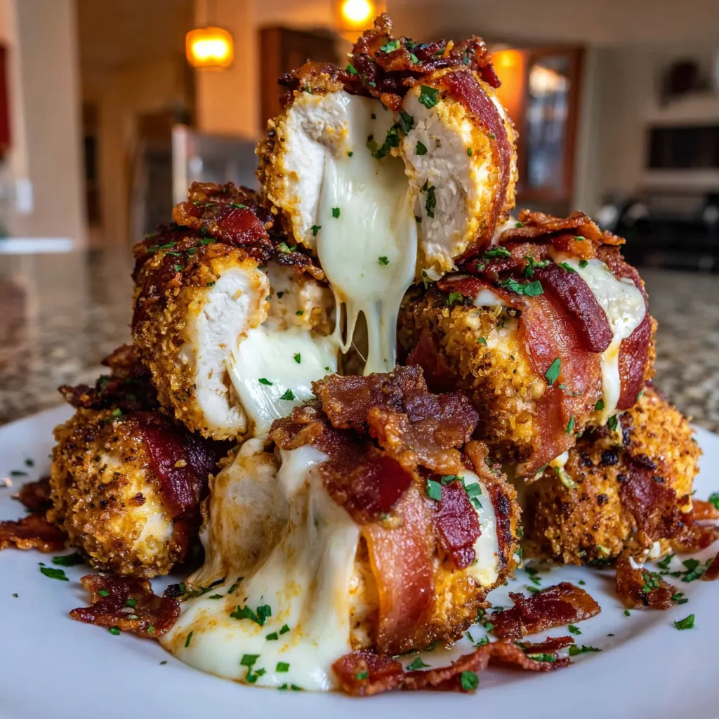 A stack of bacon wrapped chicken with cheese and bacon.