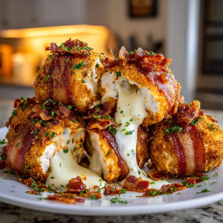 Bacon wrapped chicken with mozzarella cheese and buffalo sauce.