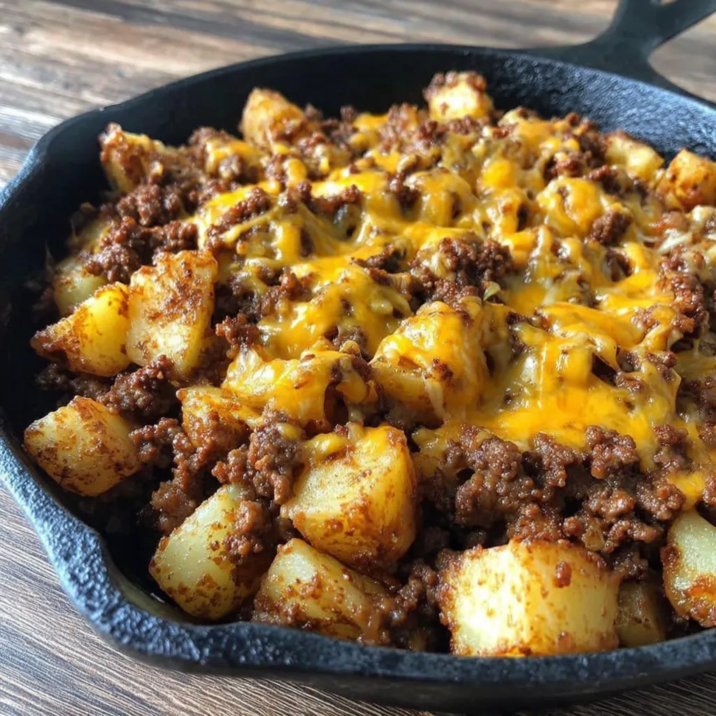 A skillet of sloppy joe with potatoes.