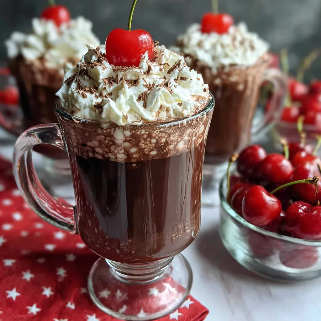 A glass of chocolate covered cherry hot chocolate.