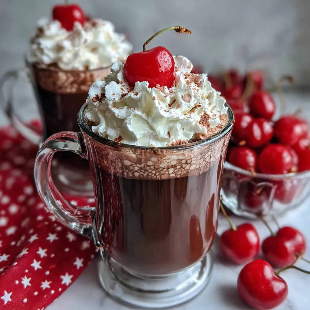 A glass of chocolate covered cherry hot chocolate.