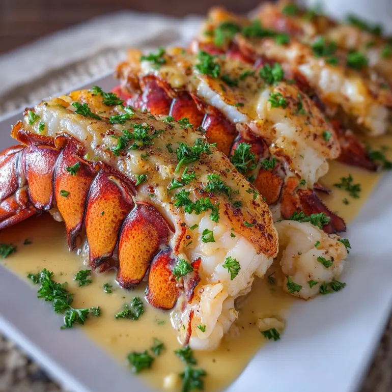 A plate of lobster tails with garlic butter and herbs.