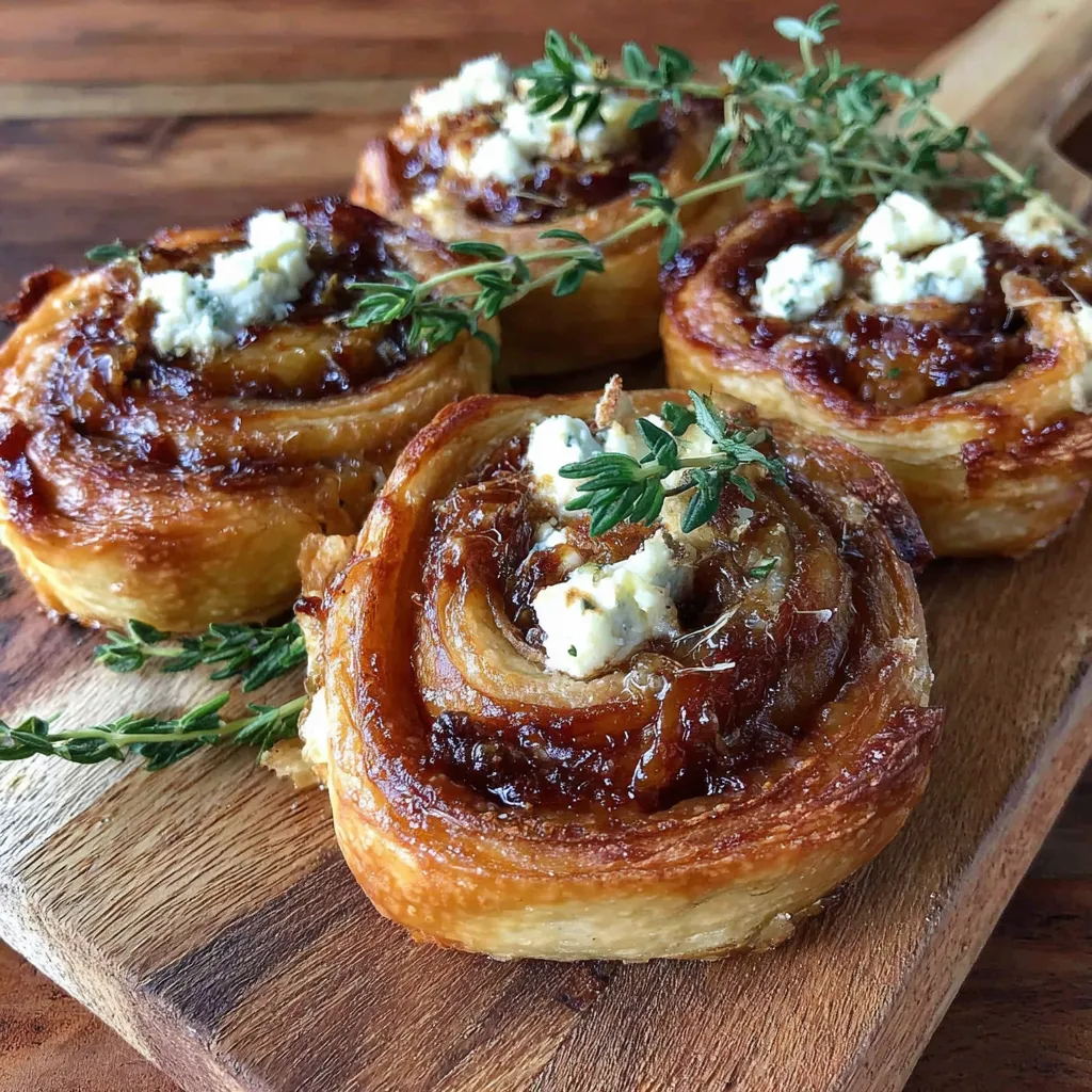 Three savory fig and goat cheese pinwheels on a wooden platter.