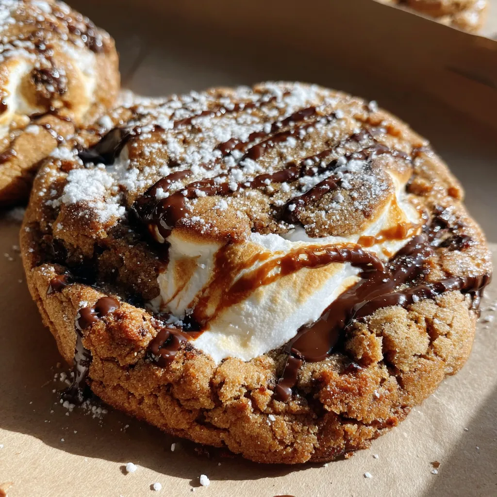 A cookie with chocolate drizzled on top.