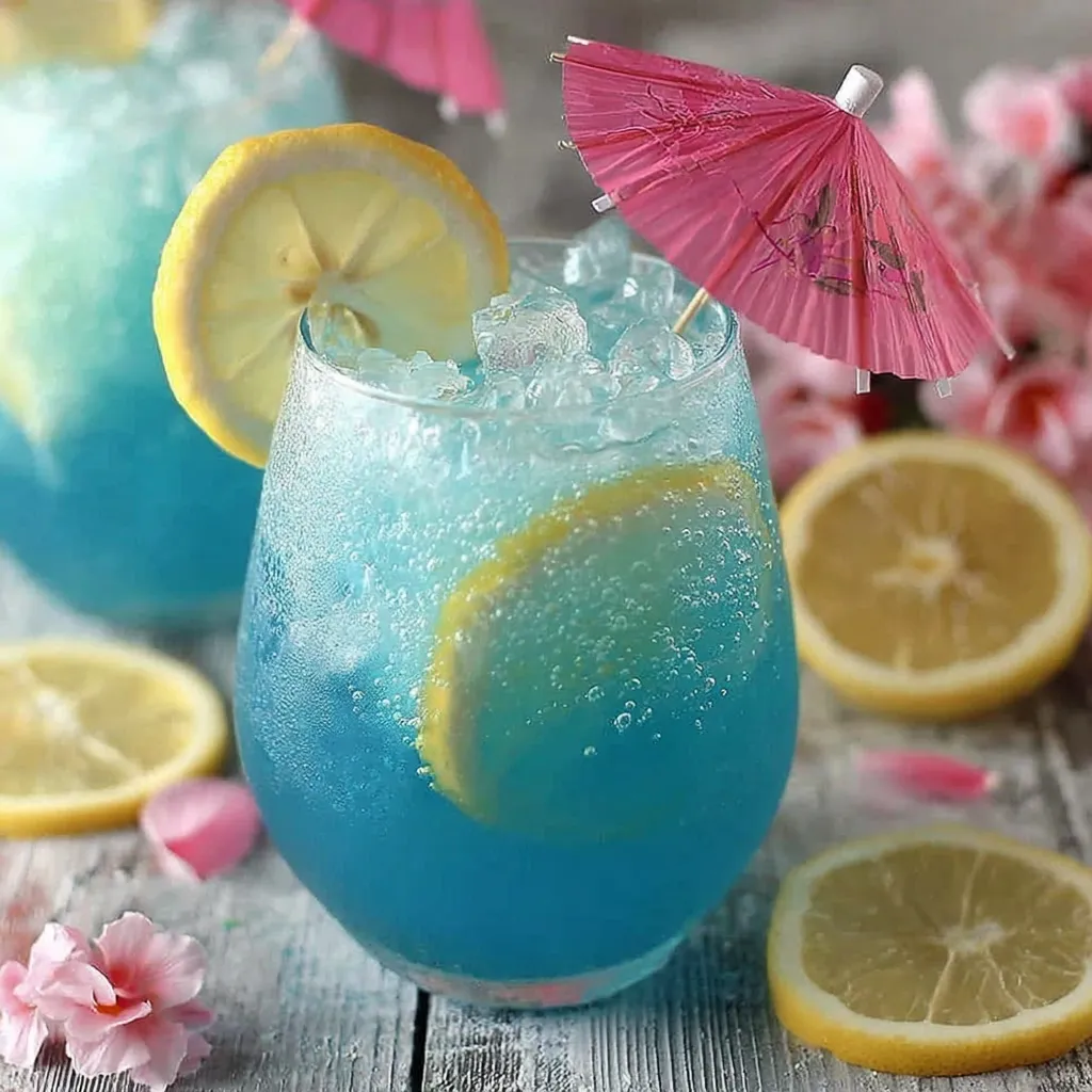 A blue cocktail with lemon and lime slices.