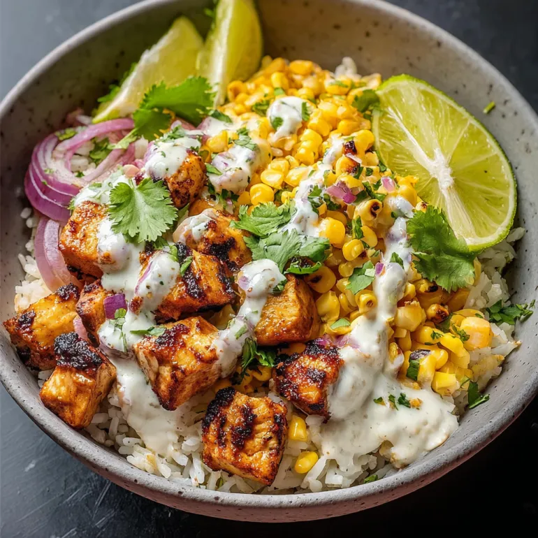 A bowl of food with rice, chicken, corn, and lime.