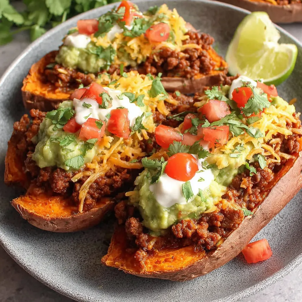 A plate of sweet potatoes with cheese and sour cream.