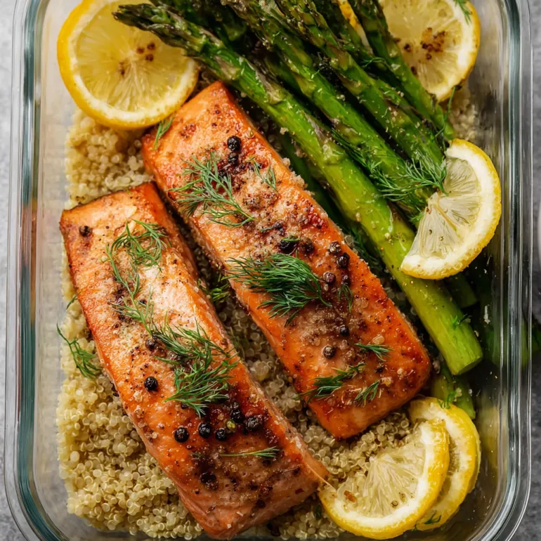 A dish of salmon with lemon, herbs, and quinoa.