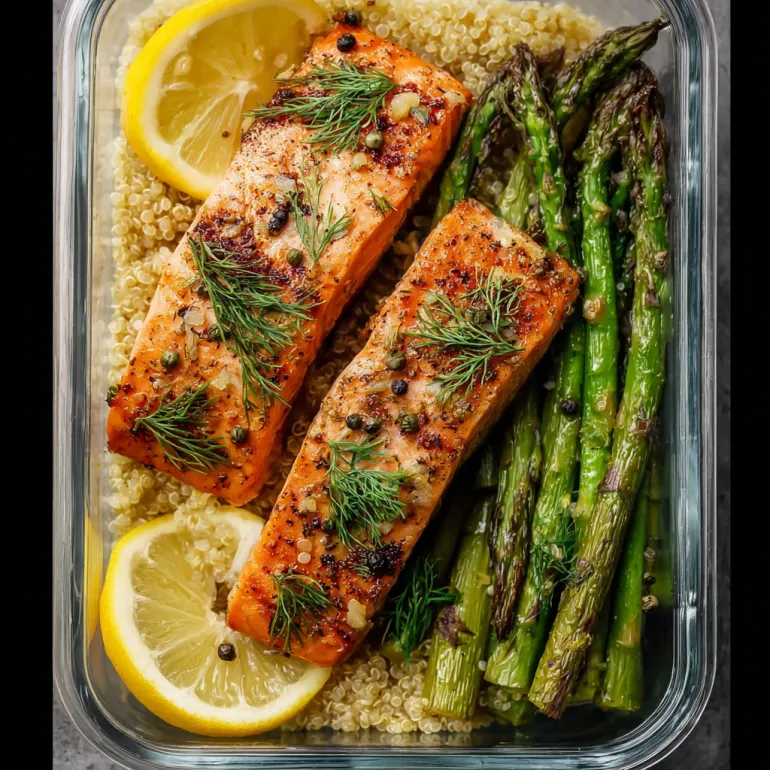 A dish of salmon with lemon, herbs, and quinoa.