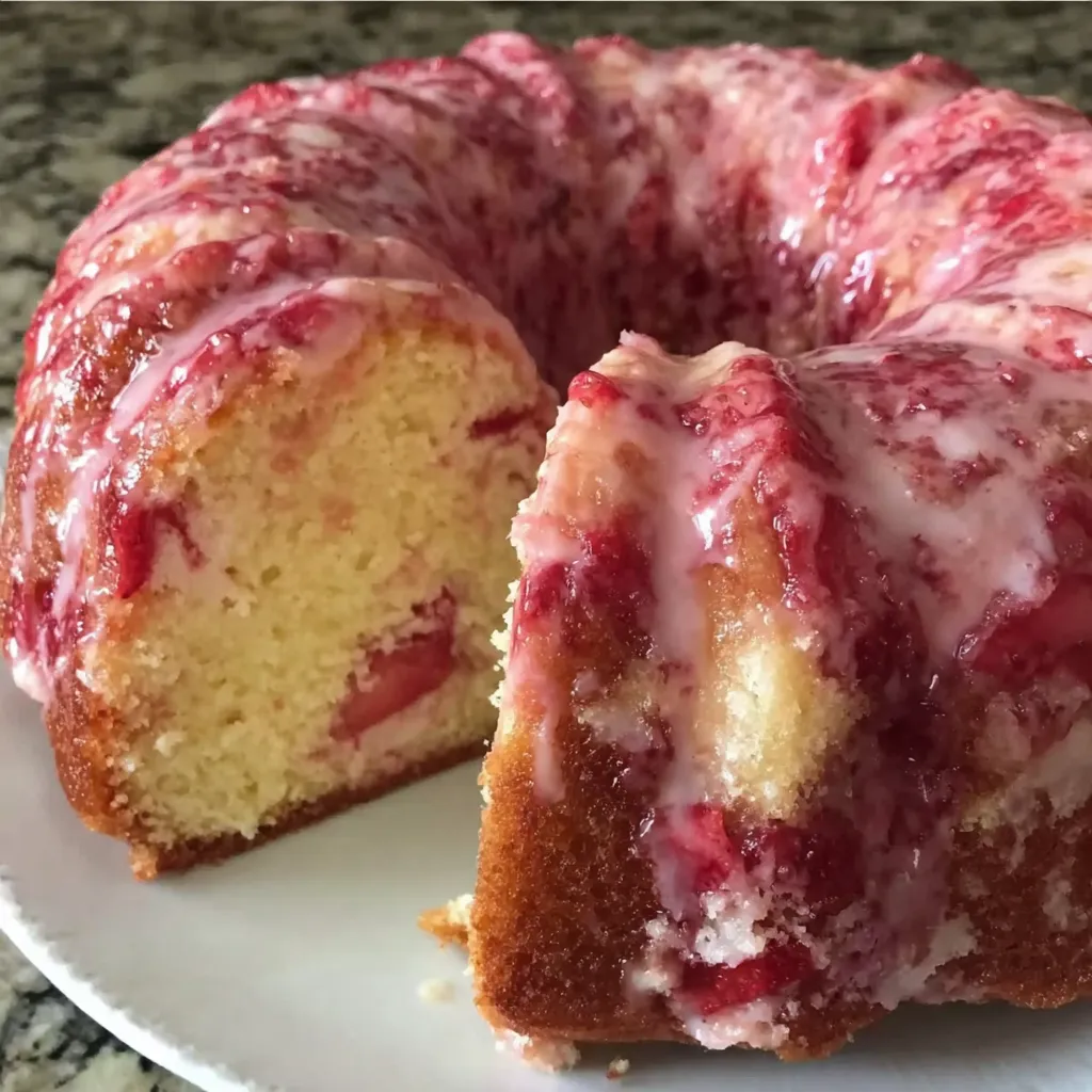 A slice of homemade strawberry cream cheese pound cake.