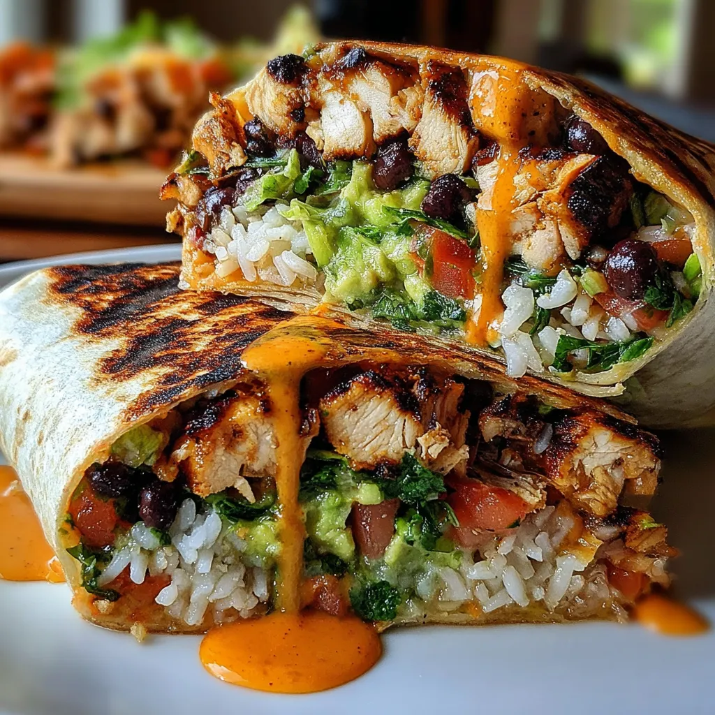 A grilled chicken burrito with rice and vegetables.
