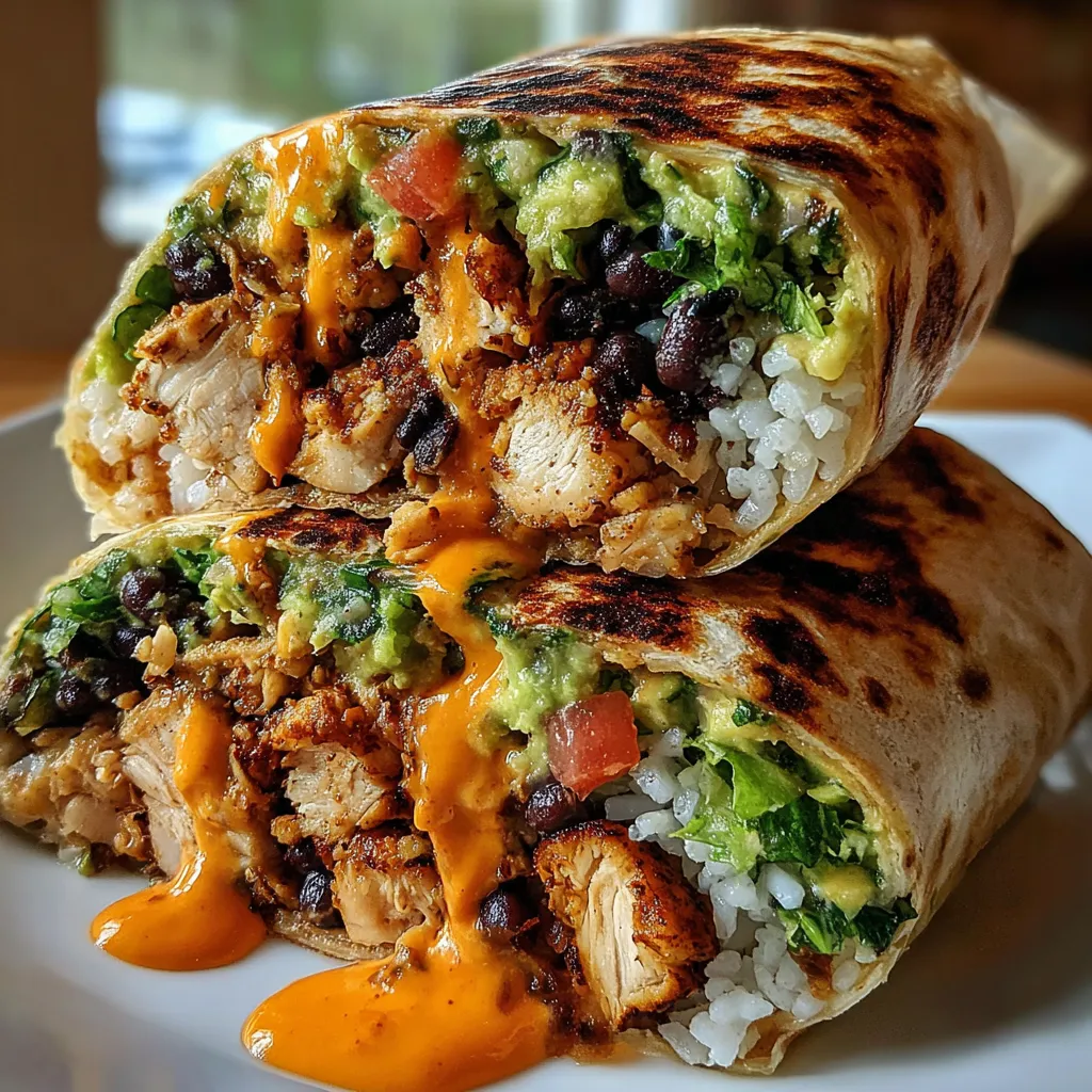 A burrito with chicken and rice.