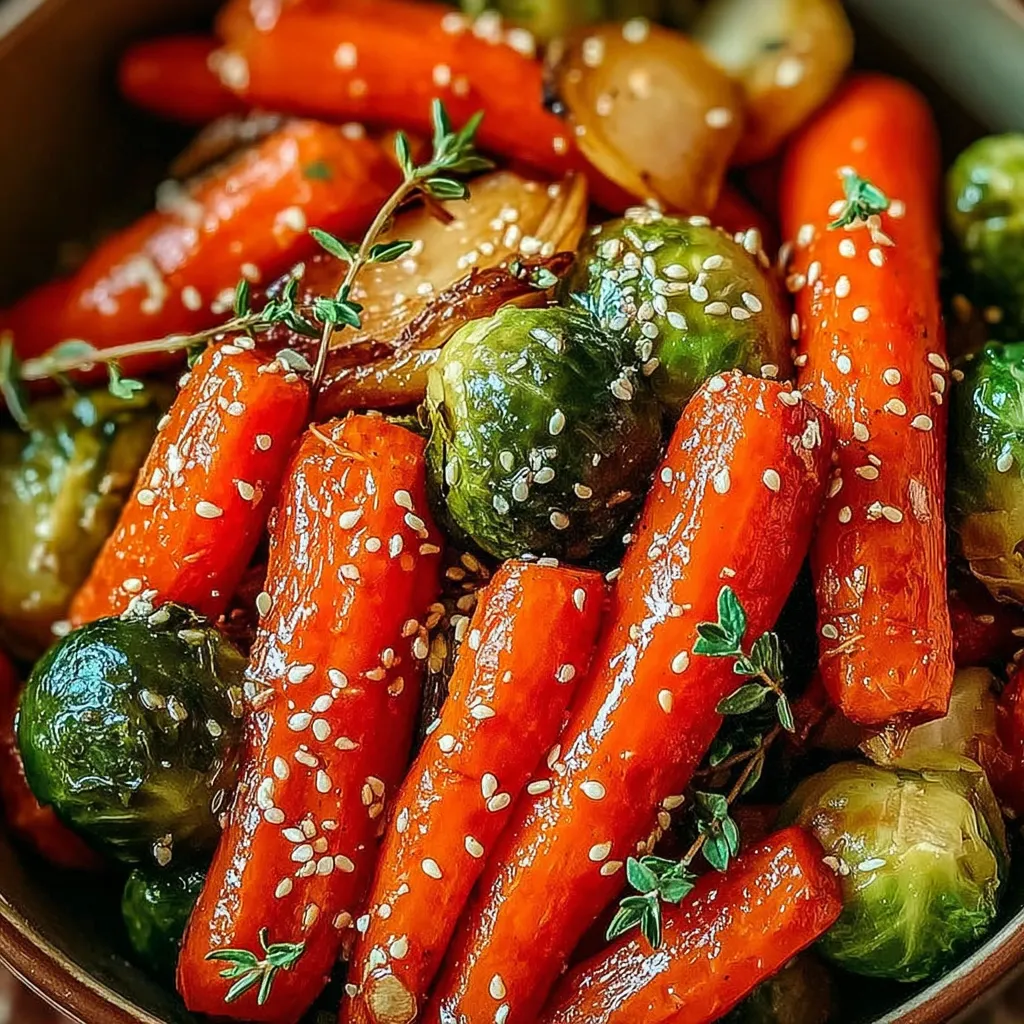 A bowl of slow-cooked carrots and Brussels sprouts.