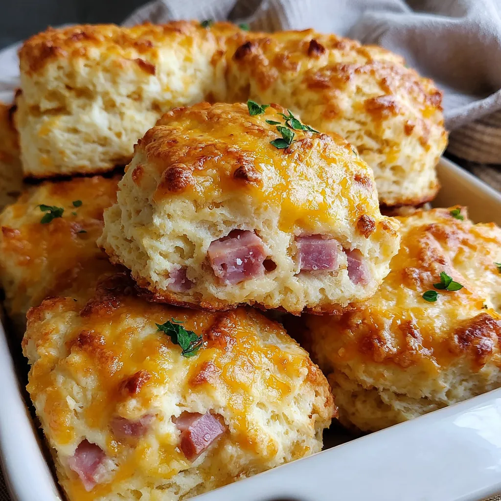 A plate of ham and cheese biscuits.