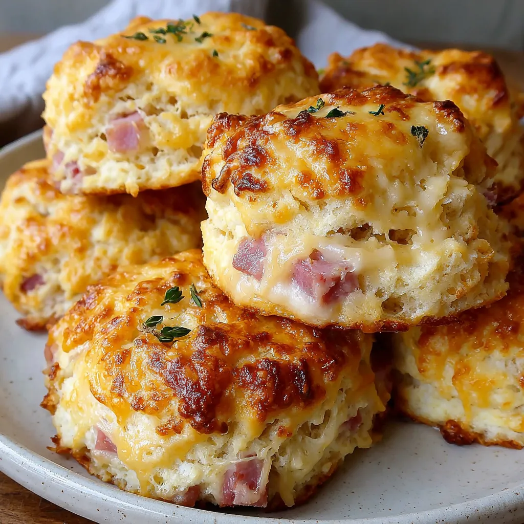 A plate of ham and cheese biscuits.