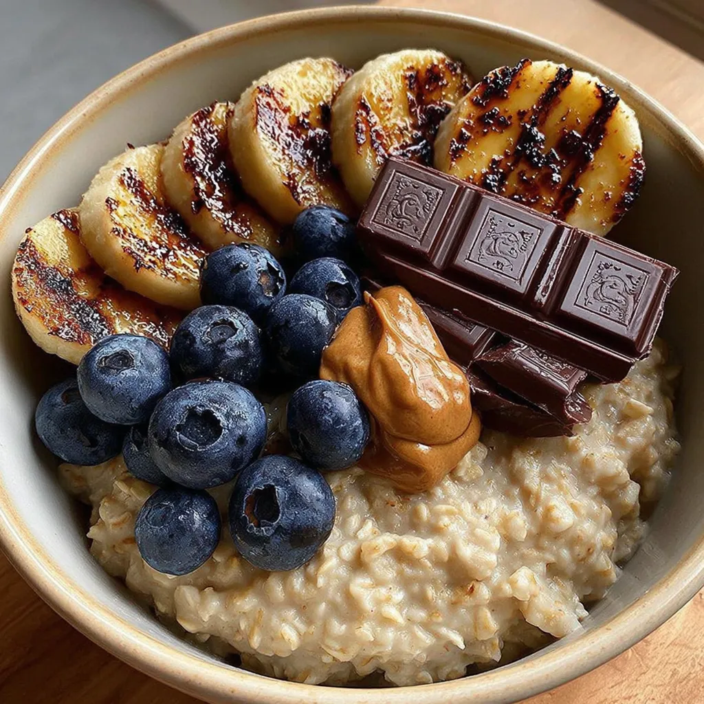 A bowl of oatmeal with bananas and chocolate.