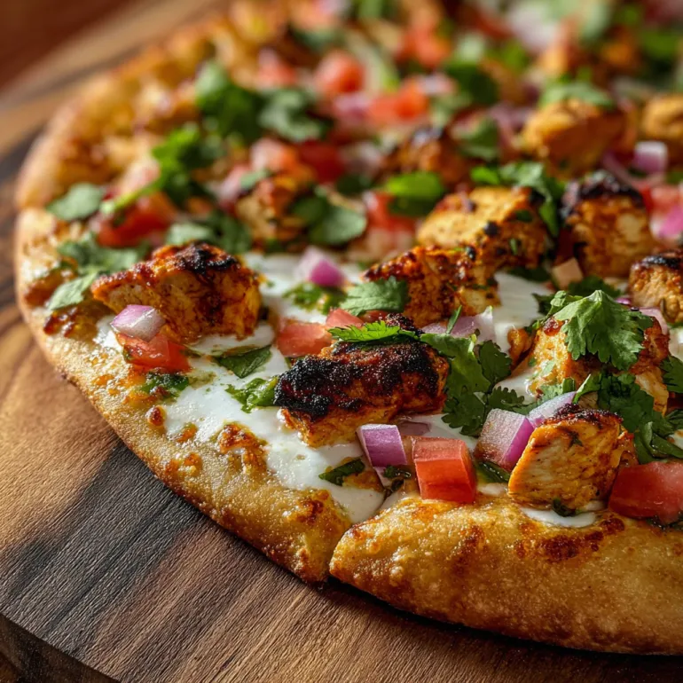 A pizza with chicken and vegetables on it.