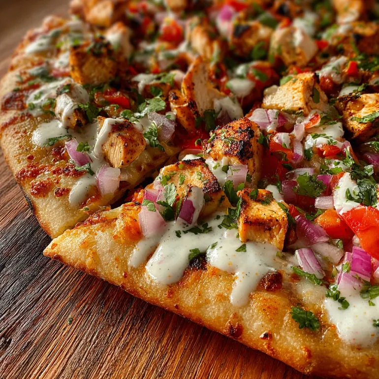 A pizza with chicken and vegetables on it.