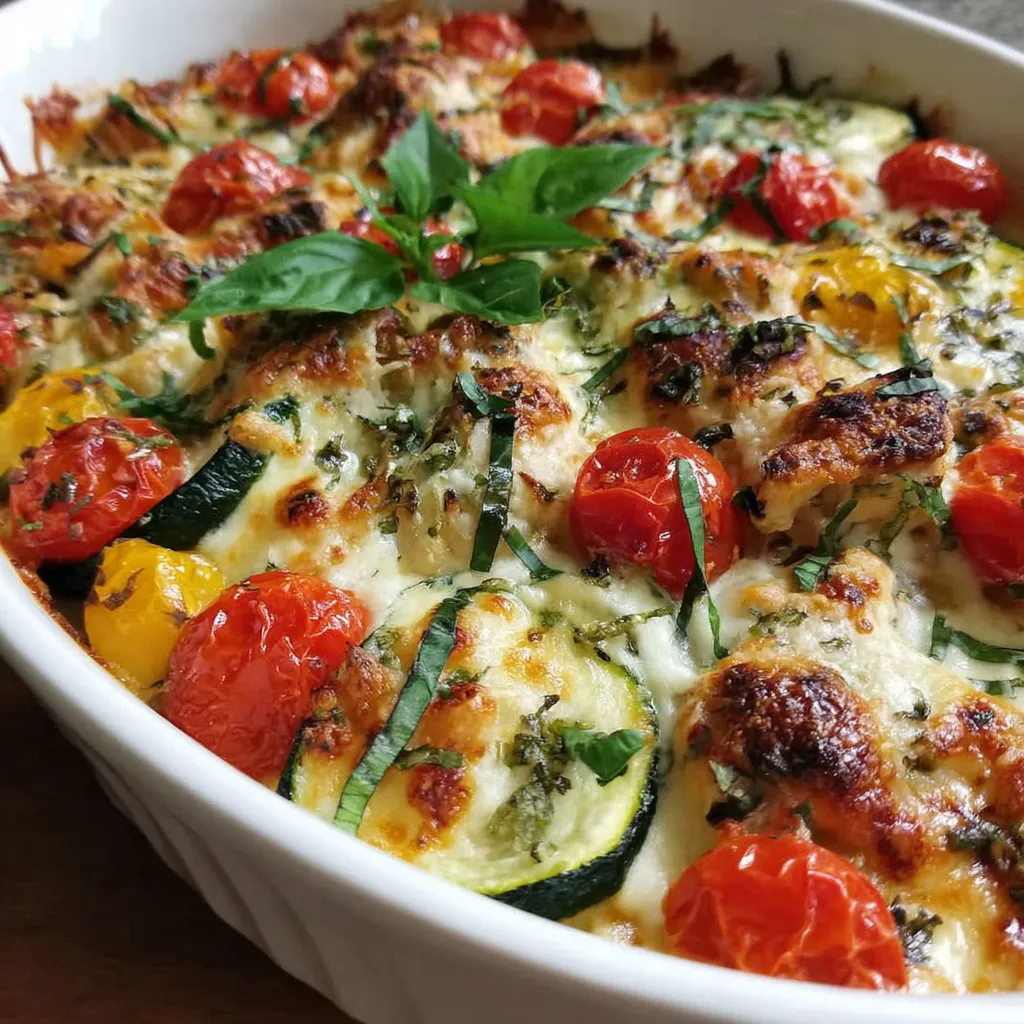 A dish of chicken and zucchini.