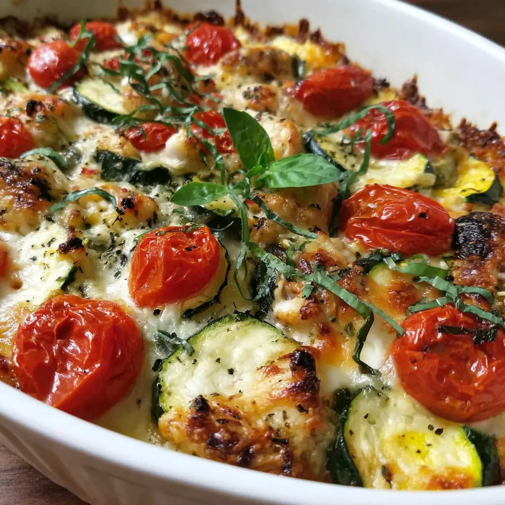 A dish with chicken, zucchini, tomatoes, and cheese.