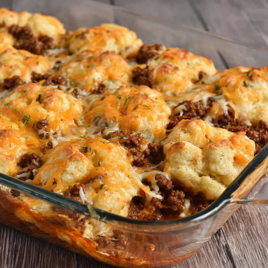 A pan of sloppy joe biscuit casserole.
