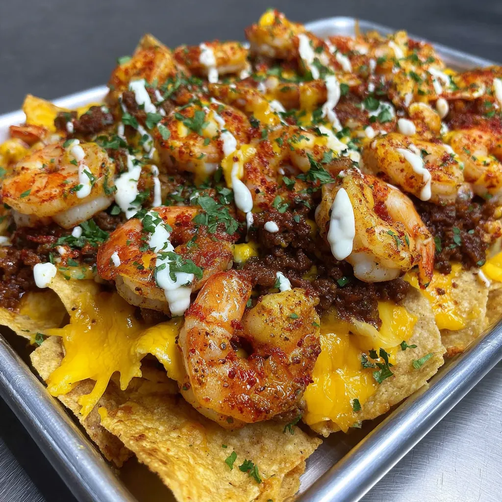 A dish of Southern Shrimp Beef Nachos.