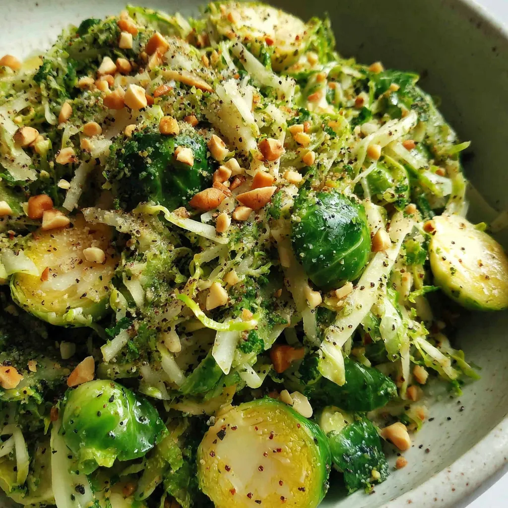 A bowl of shredded Brussels-sprout hazelnut crunch.