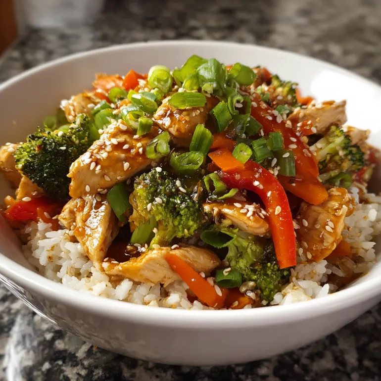 A bowl of chicken and broccoli with rice.