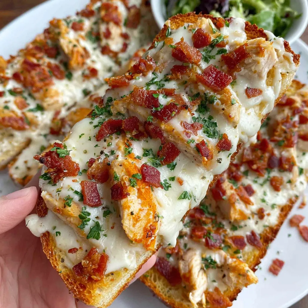 A person is holding a piece of chicken garlic toast.