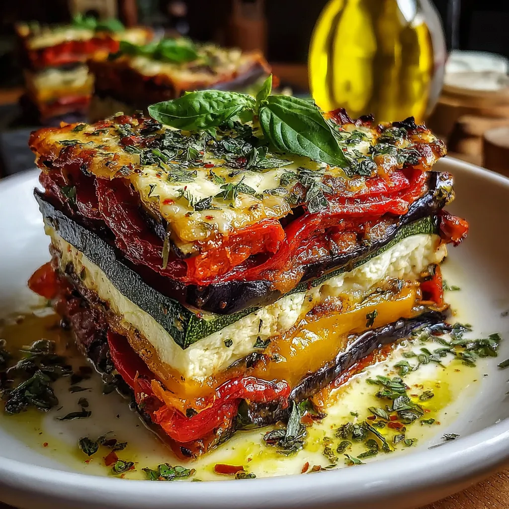 A layered vegetable lasagna with a green topping.