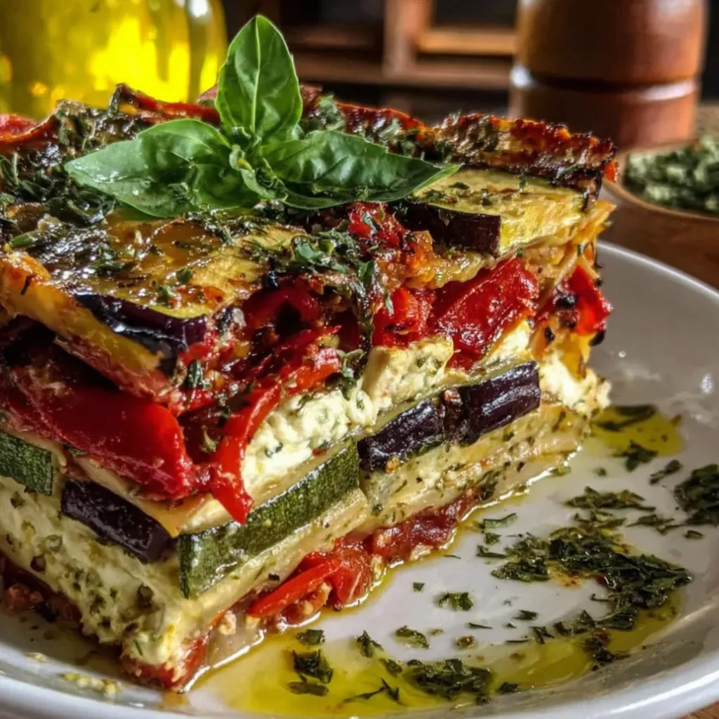 A layered vegetable lasagna with a green leaf on top.