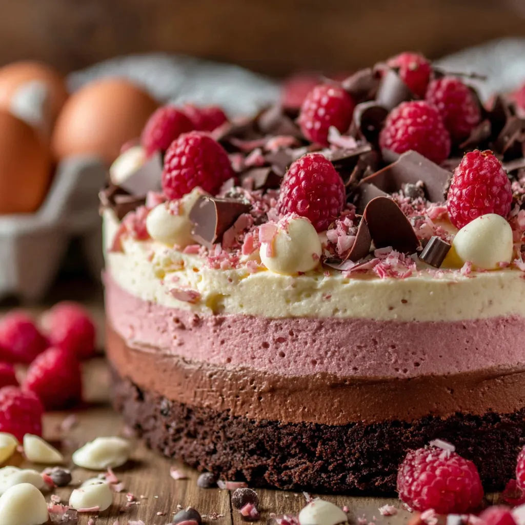 A slice of chocolate raspberry mousse cake.