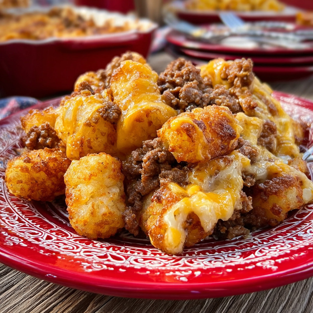 A plate of sloppy joe tater tot casserole.