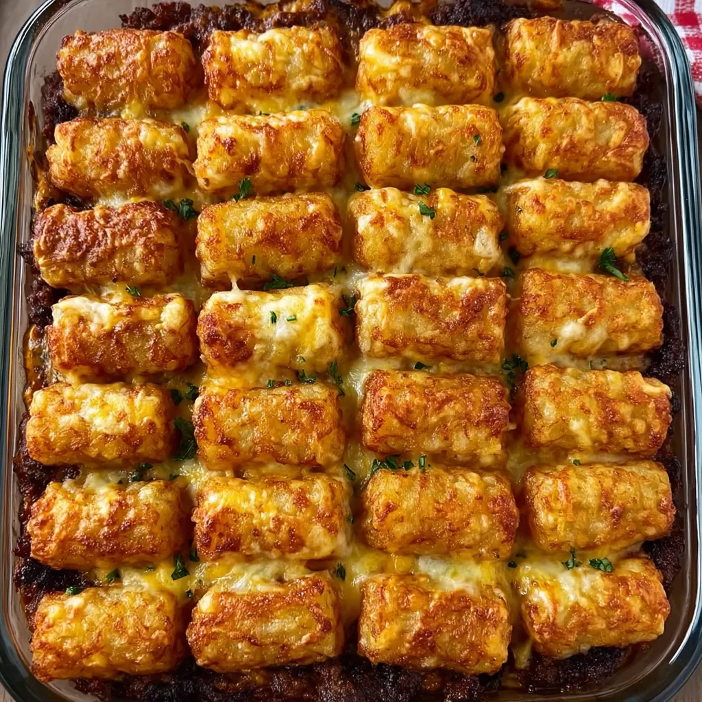 A dish of sloppy joe tater tot casserole.