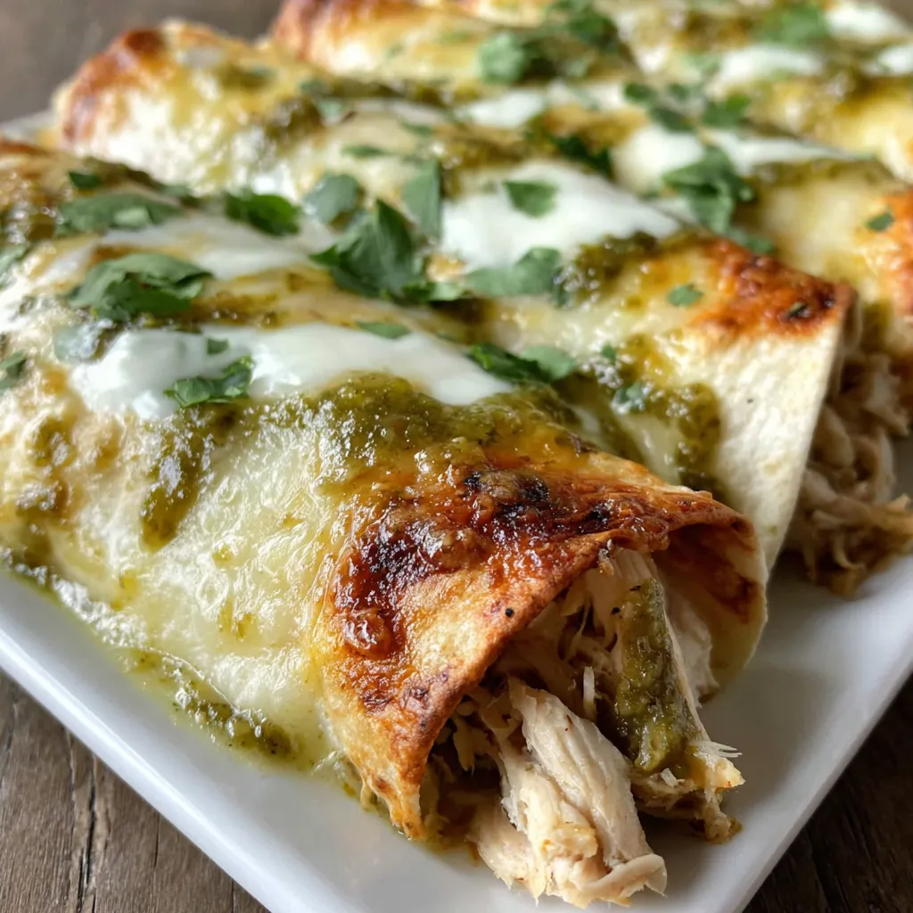 A plate of chicken enchiladas with green sauce.