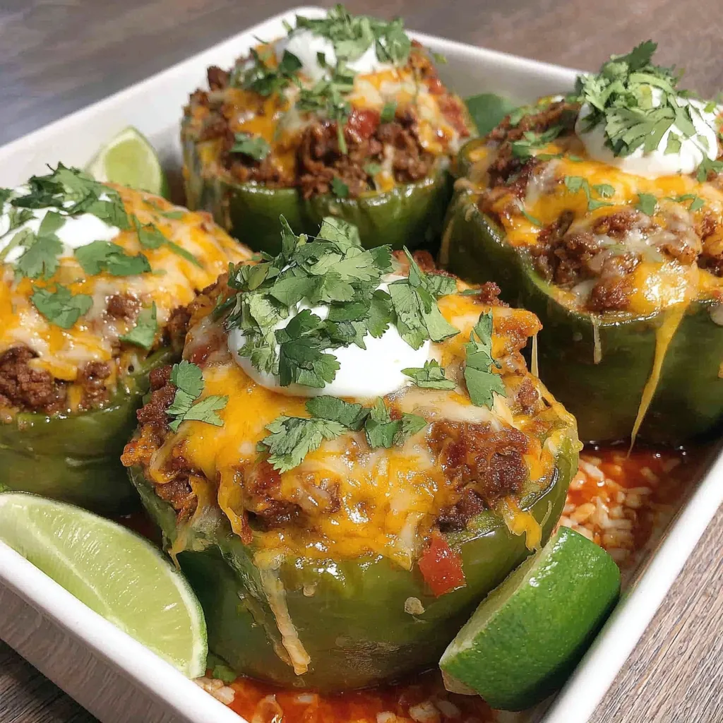 A plate of cheesy taco stuffed peppers.