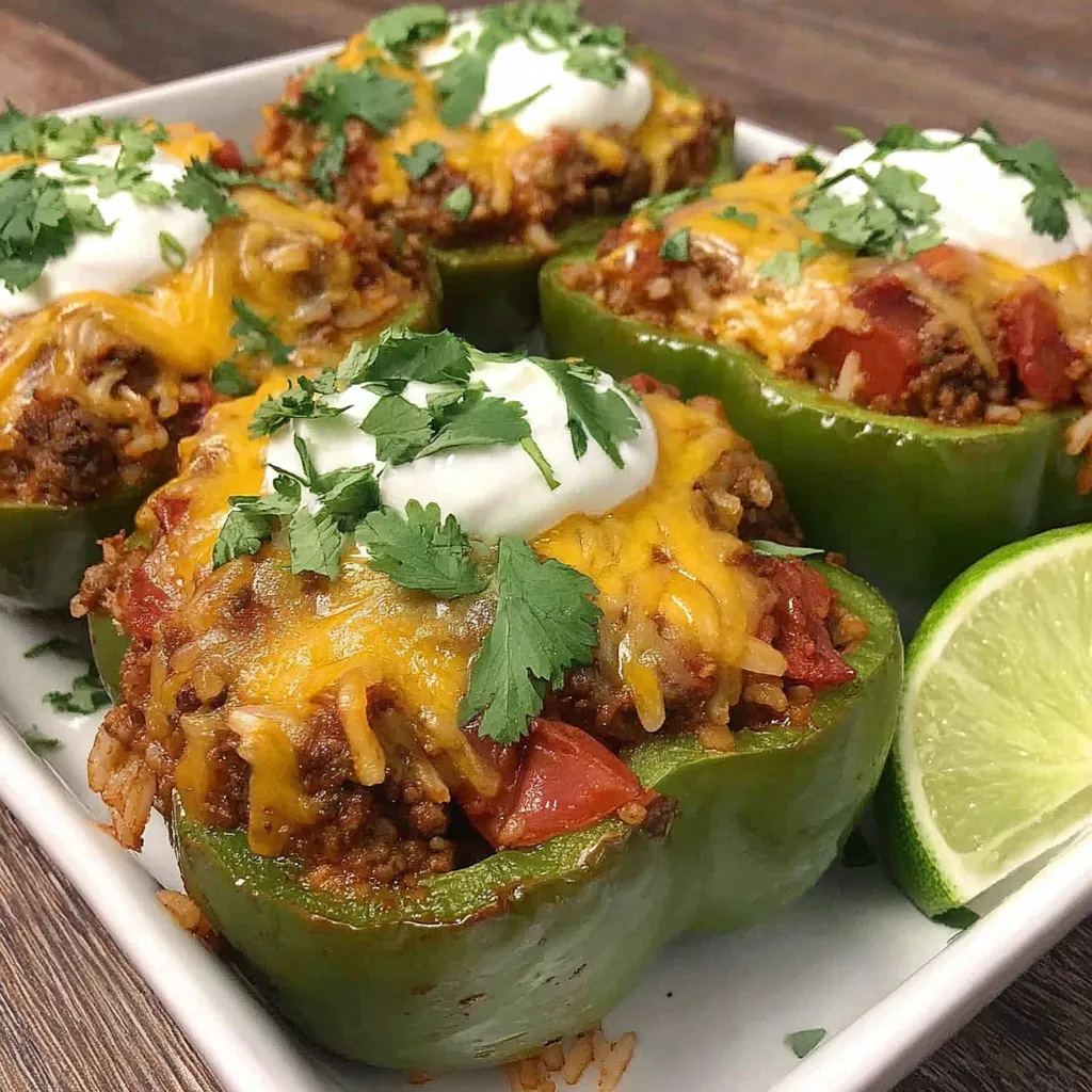 A plate of stuffed peppers with cheese and meat.