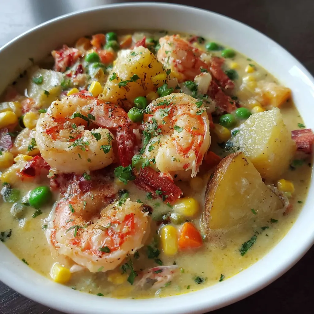A bowl of creamy shrimp and lobster chowder.