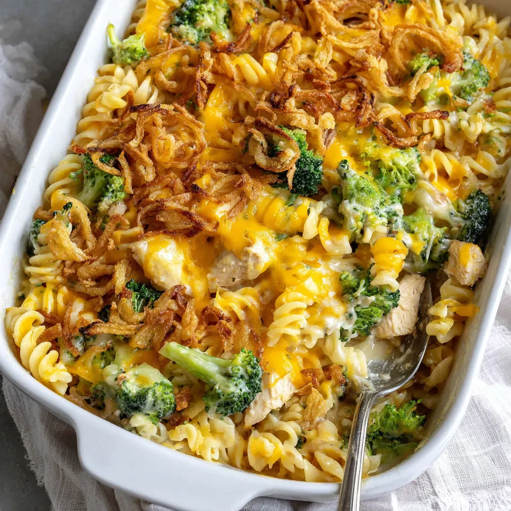 A dish of chicken and broccoli pasta bake.